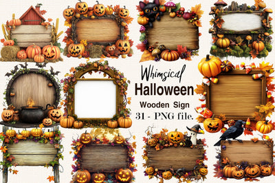 Whimsical Halloween Wooden Sign Clipart Bundle. Sublimation SVGArt 