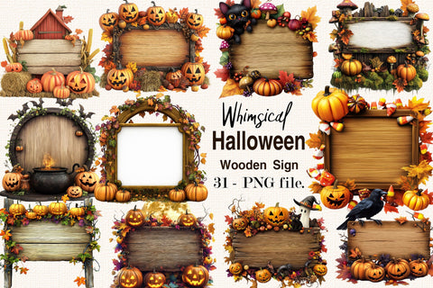 Whimsical Halloween Wooden Sign Clipart Bundle. Sublimation SVGArt 