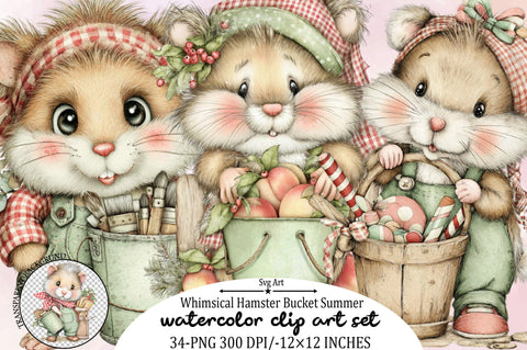 Whimsical Hamster Bucket Summer Clipart Bundle. Sublimation SVGArt 