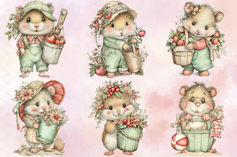 Whimsical Hamster Bucket Summer Clipart Bundle. Sublimation SVGArt 