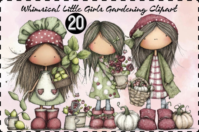 Whimsical Little Girls Gardening Clipart Bundle. Sublimation SVGArt 
