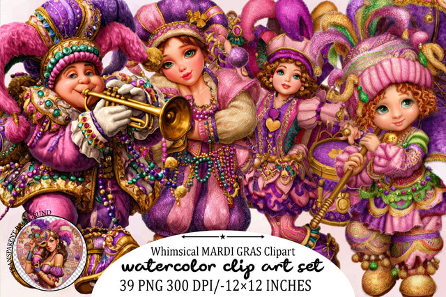 Whimsical MARDI GRAS Clipart PNG Bundle. Sublimation SVGArt 