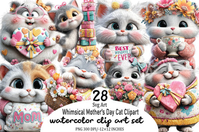 Whimsical Mother's Day Cat Clipart Bundle. Sublimation SVGArt 