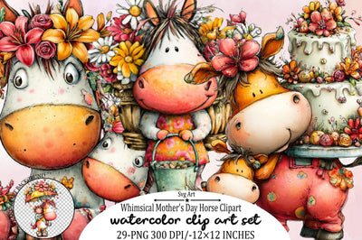 Whimsical Mother's Day Horse Clipart Bundle. Sublimation SVGArt 