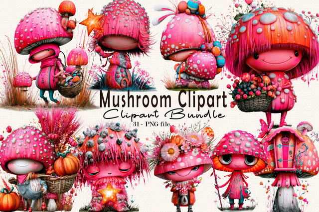 Whimsical Mushroom Clipart Bundle. Sublimation SVGArt 