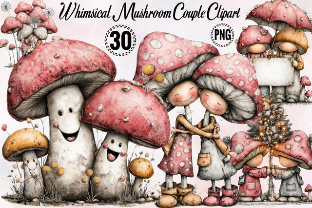 Whimsical Mushroom Couple Clipart Bundle. Sublimation SVGArt 