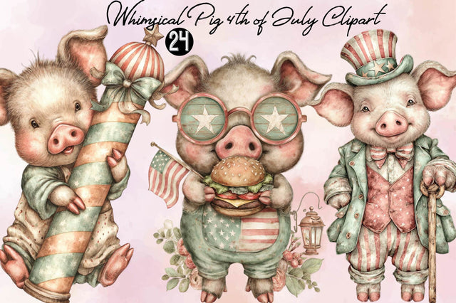 Whimsical Pig 4th of July Clipart Bundle. Sublimation SVGArt 