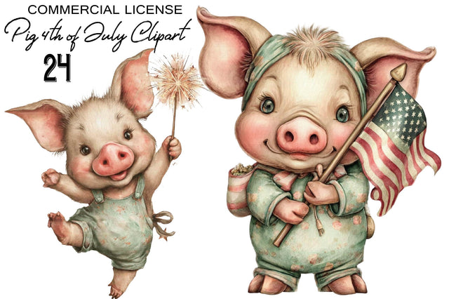 Whimsical Pig 4th of July Clipart Bundle. Sublimation SVGArt 