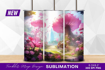 Whimsical pink mushroom garden tumbler png design Sublimation Regulrcrative 