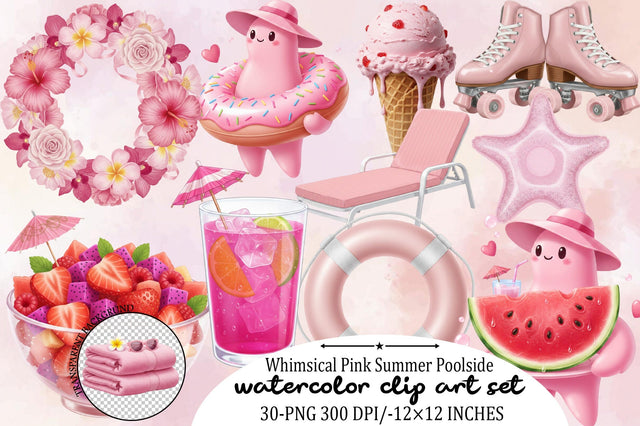 Whimsical Pink Summer Poolside Clipart Bundle. Sublimation SVGArt 