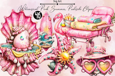 Whimsical pink summer poolside clipart Bundle. Sublimation SVGArt 