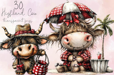 Whimsical Pool Day Highland Cow Clipart Bundle. Sublimation SVGArt 