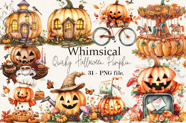 Whimsical Quirky Halloween Pumpkin Clipart Bundle. Sublimation SVGArt 