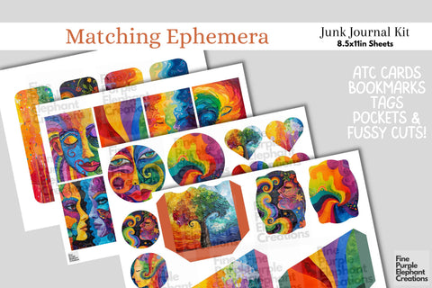 Whimsical Rainbow Pride Digital Junk Journal Kit Half Page Digital Pattern Fine Purple Elephant Creations 