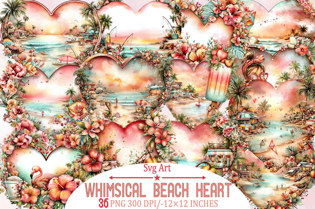Whimsical Retro Beach Heart Clipart Bundle. Sublimation SVGArt 