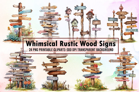 Whimsical Rustic Wood Signs Clipart Sublimation designartist 