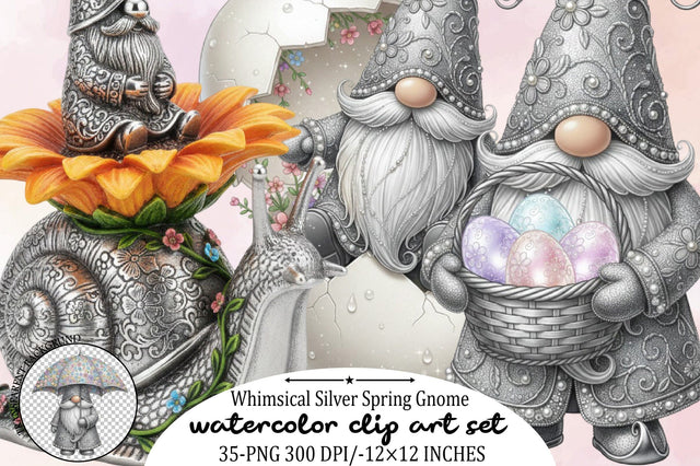 Whimsical Silver Spring Gnome Clipart Bundle. Sublimation SVGArt 