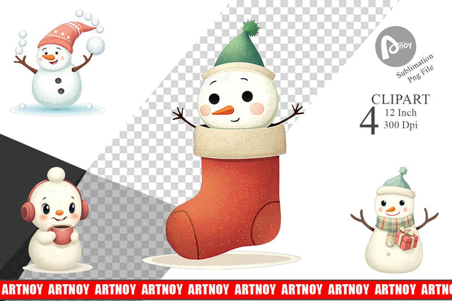 Whimsical Snowman Christmas Clipart Sublimation artnoy 