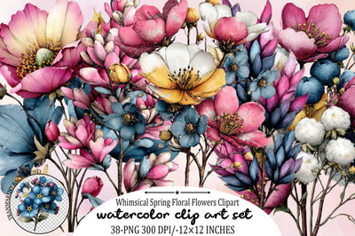 Whimsical Spring Floral Flowers Clipart Bundle. Sublimation SVGArt 