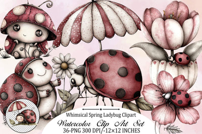 Whimsical Spring Ladybug Clipart Bundle. Sublimation SVGArt 