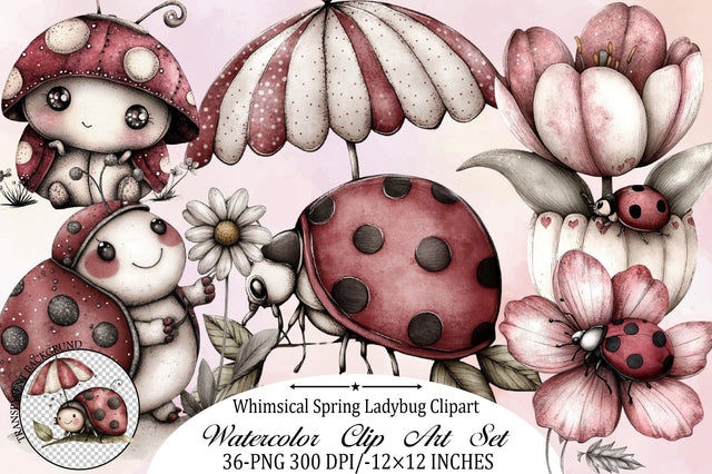 Whimsical Spring Ladybug Clipart Bundle. Sublimation SVGArt 