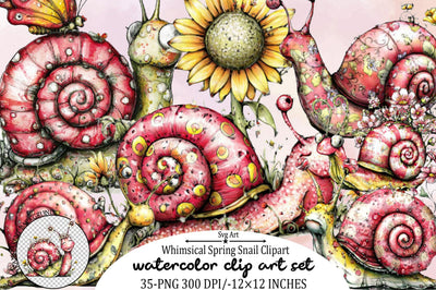 Whimsical Spring Snail Clipart Bundle. Sublimation SVGArt 