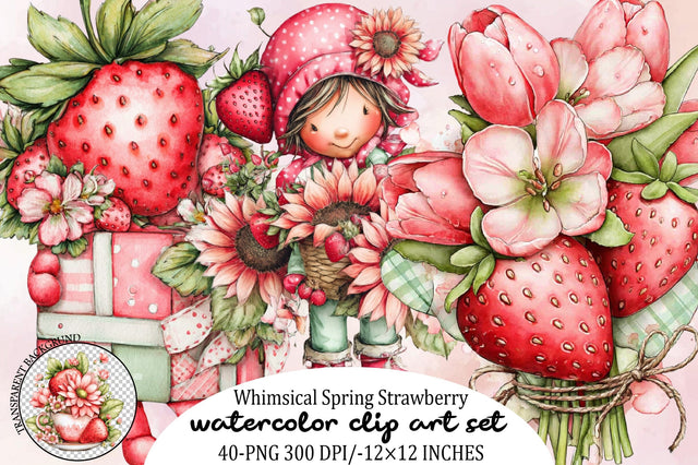 Whimsical Spring Strawberry Clipart Bundle. Sublimation SVGArt 