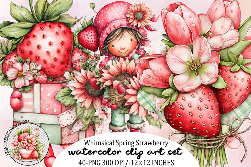 Whimsical Spring Strawberry Clipart Bundle. Sublimation SVGArt 