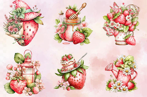 Whimsical Spring Strawberry Clipart Bundle. Sublimation SVGArt 