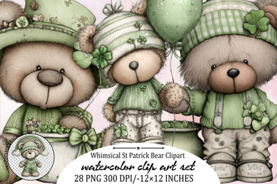 Whimsical St Patrick Bear Clipart Bundle. Sublimation SVGArt 