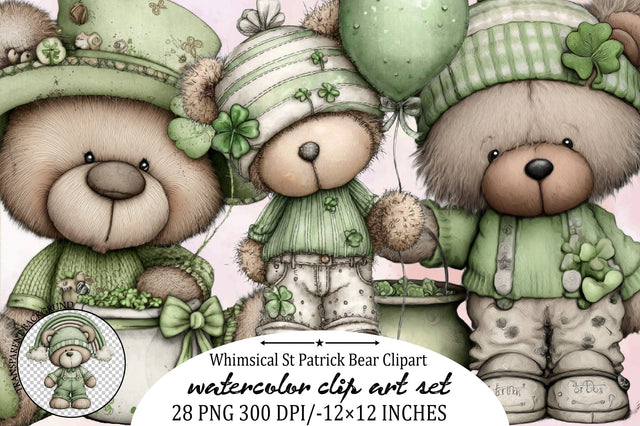 Whimsical St Patrick Bear Clipart Bundle. Sublimation SVGArt 