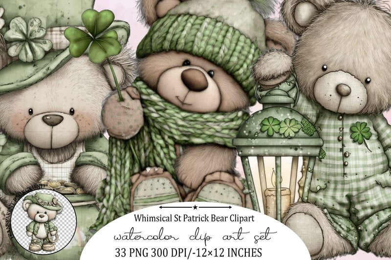 Whimsical St Patrick Bear Clipart Bundle. Sublimation SVGArt 
