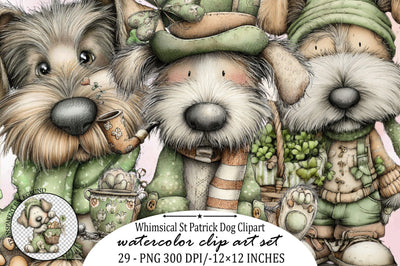 Whimsical St Patrick Dog Clipart Bundle. Sublimation SVGArt 