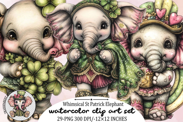 Whimsical St Patrick Elephant Clipart Sublimation SVGArt 