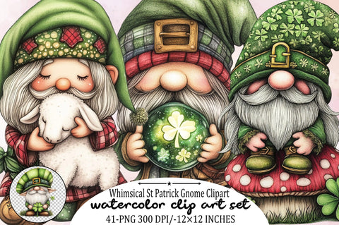 Whimsical St Patrick Gnome Clipart Bundle. Sublimation SVGArt 