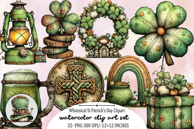 Whimsical St Patrick's Day Clipart Bundle. Sublimation SVGArt 