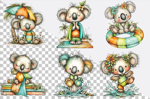 Whimsical Summer Beach Koala Clipart Bundle. Sublimation SVGArt 
