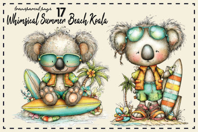 Whimsical Summer Beach Koala Clipart Bundle. Sublimation SVGArt 