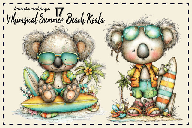 Whimsical Summer Beach Koala Clipart Bundle. Sublimation SVGArt 