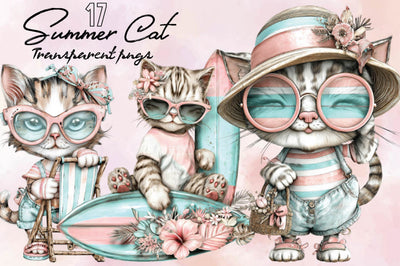 Whimsical Summer Cat Clipart Bundle. SVG SVGArt 
