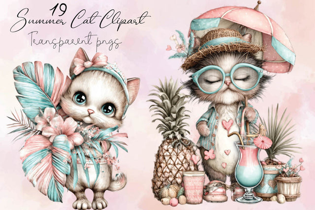 Whimsical Summer Cat Clipart PNG Bundle. Sublimation SVGArt 