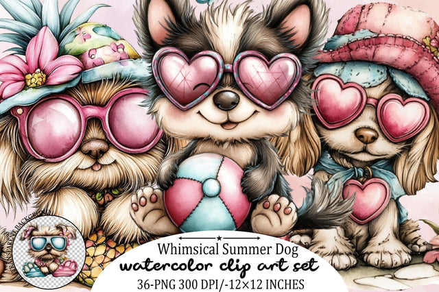 Whimsical Summer Dog Clipart Bundle. Sublimation SVGArt 