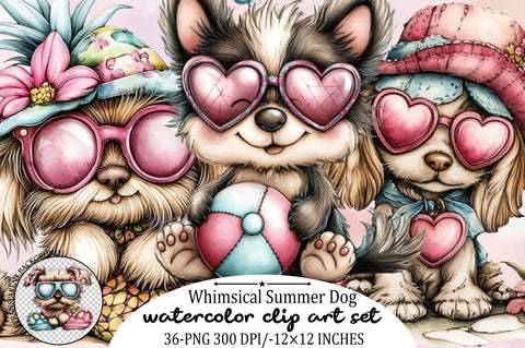 Whimsical Summer Dog Clipart Bundle. Sublimation SVGArt 