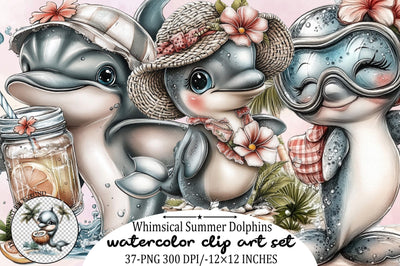 Whimsical Summer Dolphins Clipart Bundle. Sublimation SVGArt 