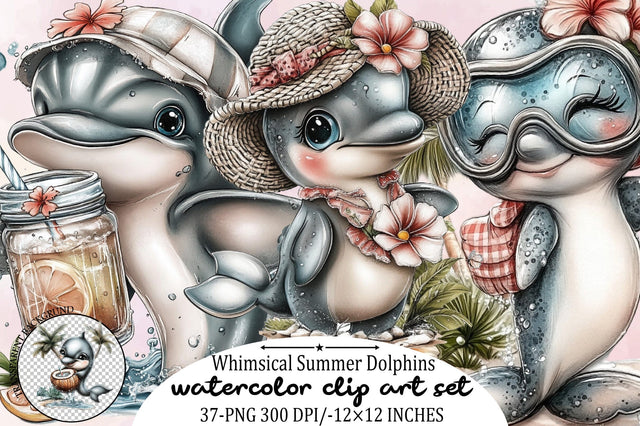 Whimsical Summer Dolphins Clipart Bundle. Sublimation SVGArt 