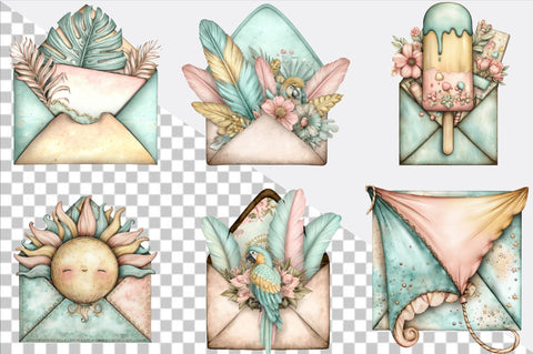 Whimsical Summer Envelope Clipart Bundle. Sublimation SVGArt 