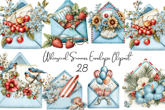 Whimsical Summer Envelope Clipart Bundle, Watercolor Floral Mail PNG, Vintage Letter Envelopes, Beach Strawberry Cherry Graphics Sublimation SVGArt 