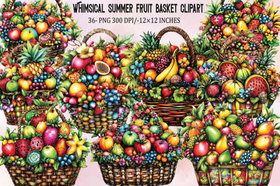 Whimsical Summer Fruit Basket Clipart Bundle. Sublimation SVGArt 