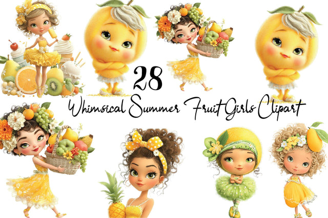 Whimsical Summer Fruit Girls Clipart Bundle. Sublimation SVGArt 