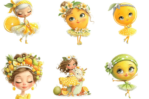 Whimsical Summer Fruit Girls Clipart Bundle. Sublimation SVGArt 
